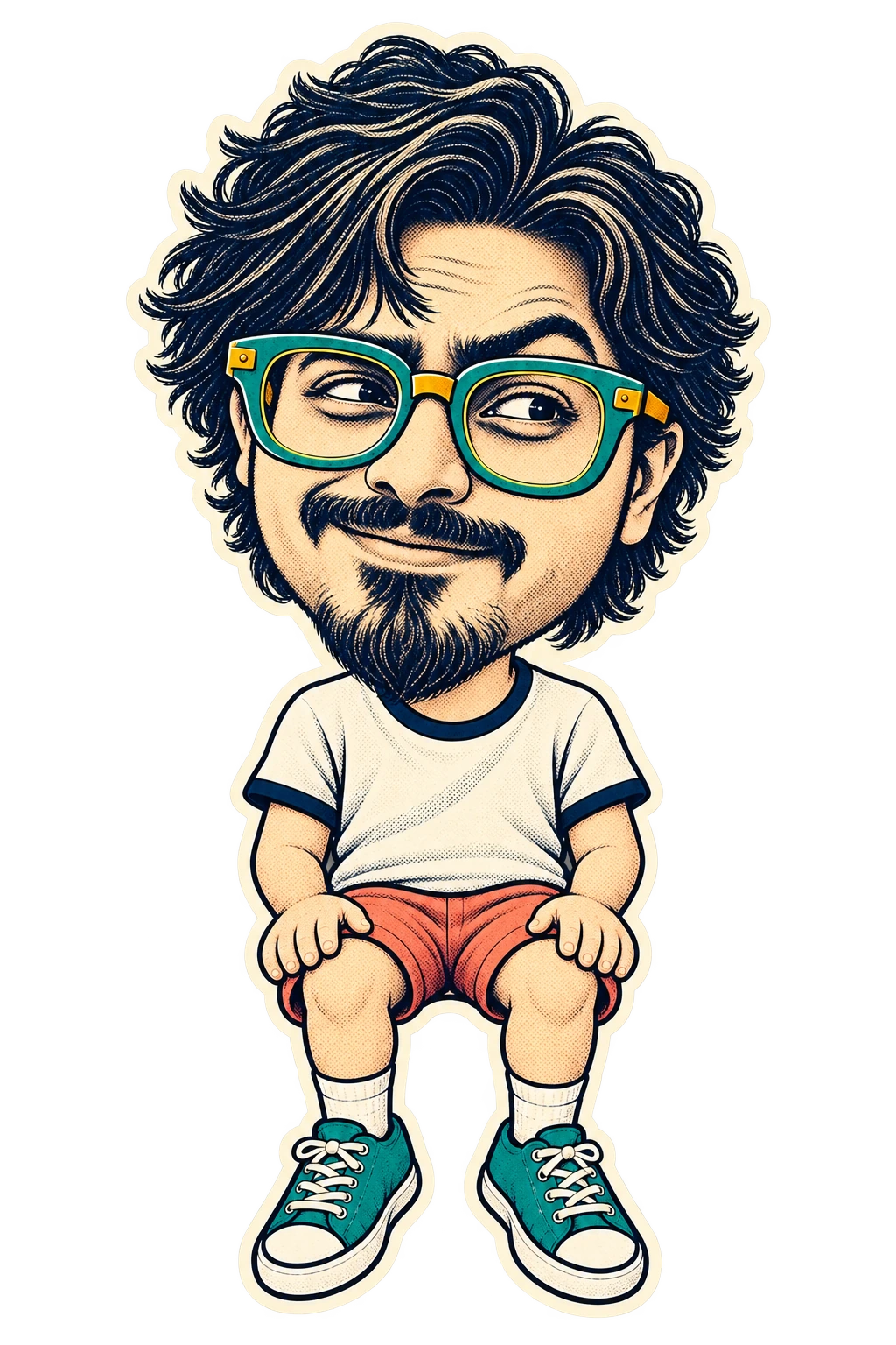 A seated caricature of Abhimanyu with an oversized head, teal glasses, and bent legs dangling over the chair cushion