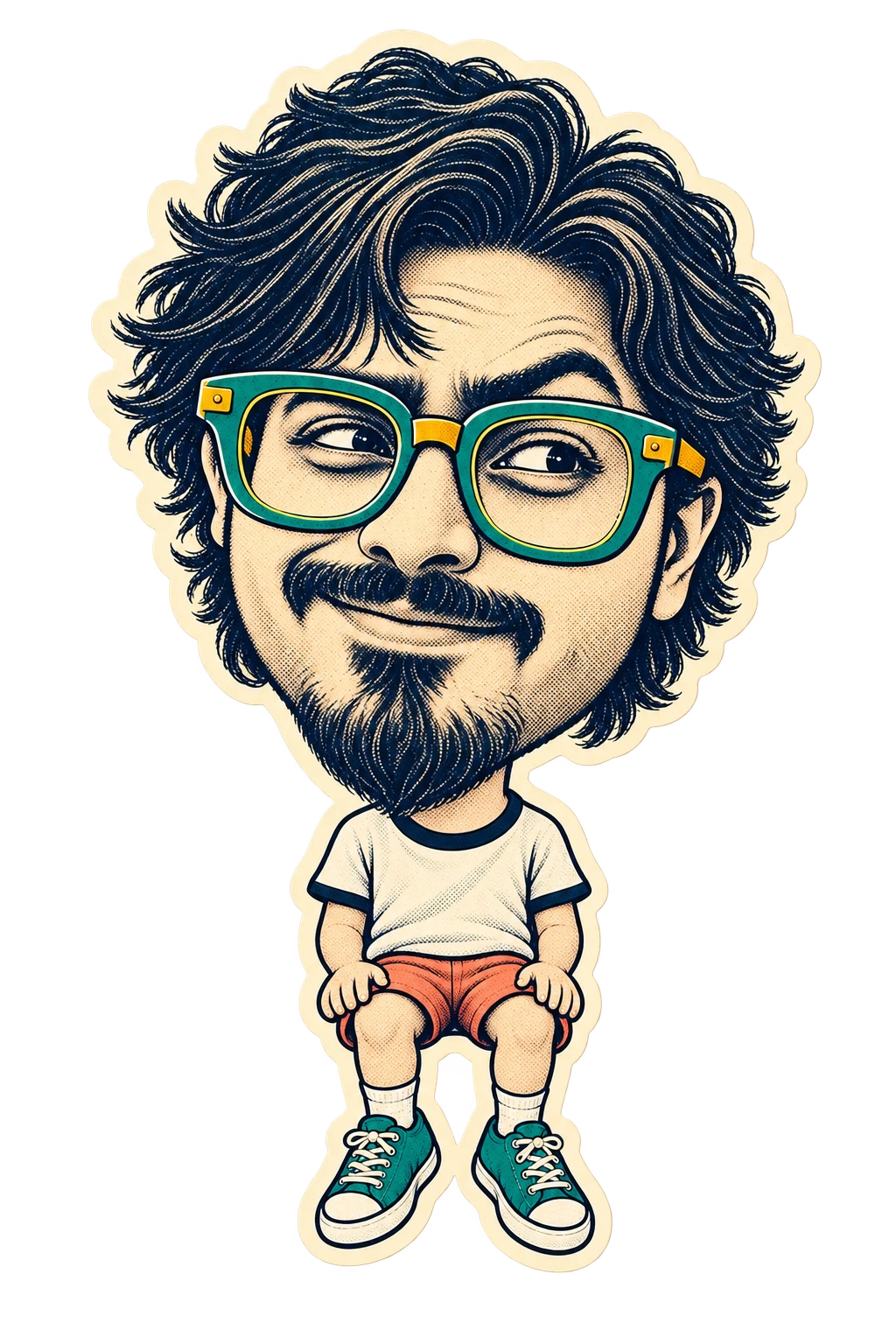 A seated caricature of Abhimanyu with an oversized head, teal glasses, and bent legs dangling over the chair cushion