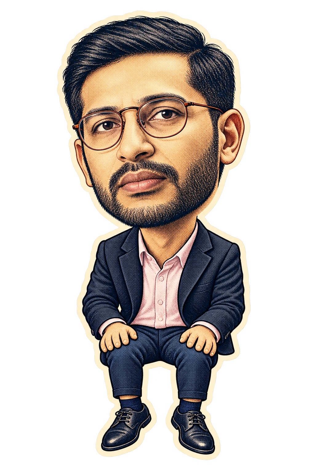 A seated caricature of Sahith with rust-colored round glasses, a serious expression, navy blazer and bent knees